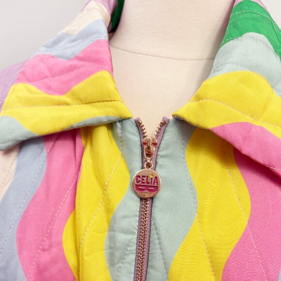 Celia B squiggly rainbow stripe quilted Juniper Coat size Large - Picture 2 of 10